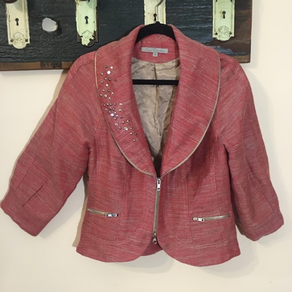Emil Rutenberg Designer Linen Mix Rough Weave Red & Beige Stud Collar Jacket - Picture 3 of 16